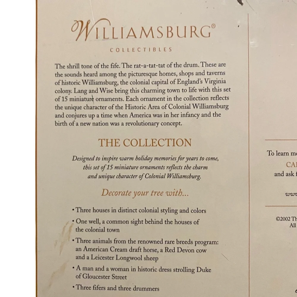 2002‎ Lang & Wise Williamsburg Collectibles 14 Miniature Ornaments 0509013 NOB